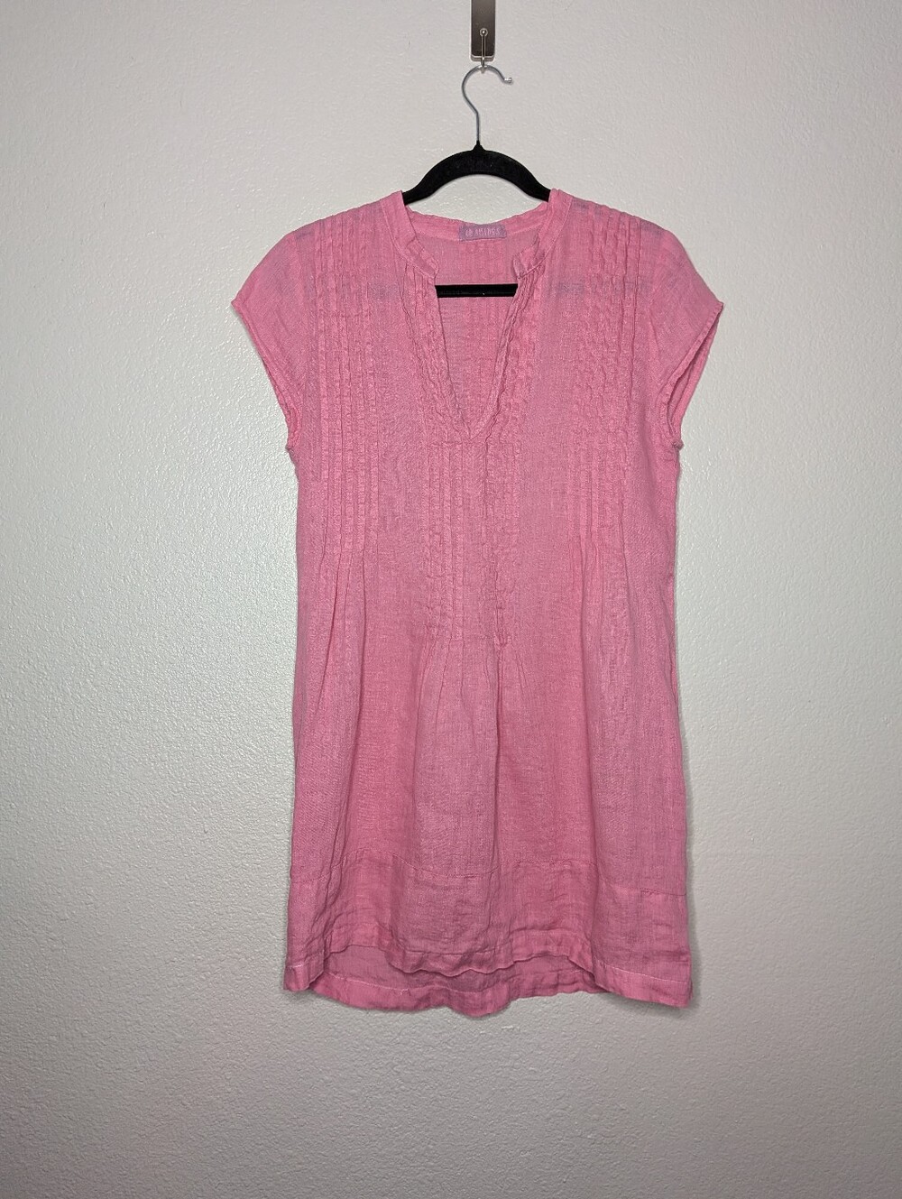 CP Shades Pink Lagenlook Summer Linen Cap Sleeve Pintuck Mini Shift Dress S